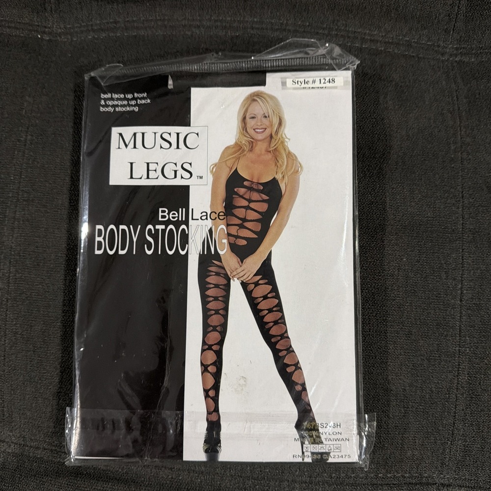 Music Legs 1248 Black Bell Lace Up Front Opaque Back Cutout Bodystocking